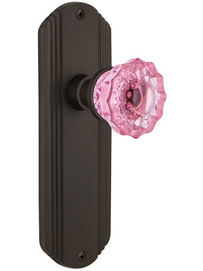Streamline Deco Door Set with Colored Fluted Crystal Glass Knobs Pink in Oil-Rubbed Bronze.
